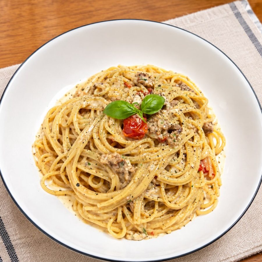 ミニトマトと牛肉のクリームパスタ